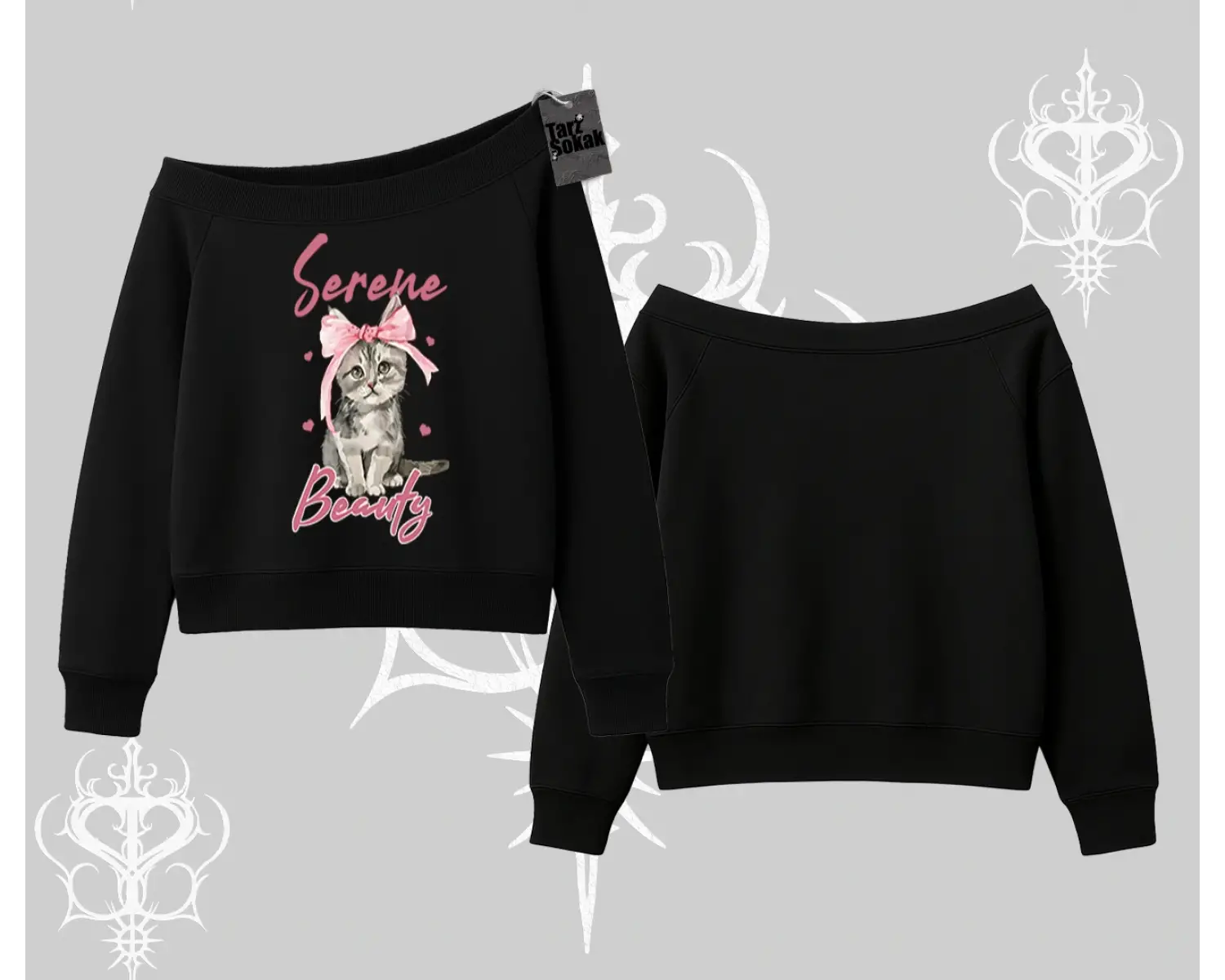 Serene Beauty Kedi Baskılı  Kayık Yaka Sweatshirt