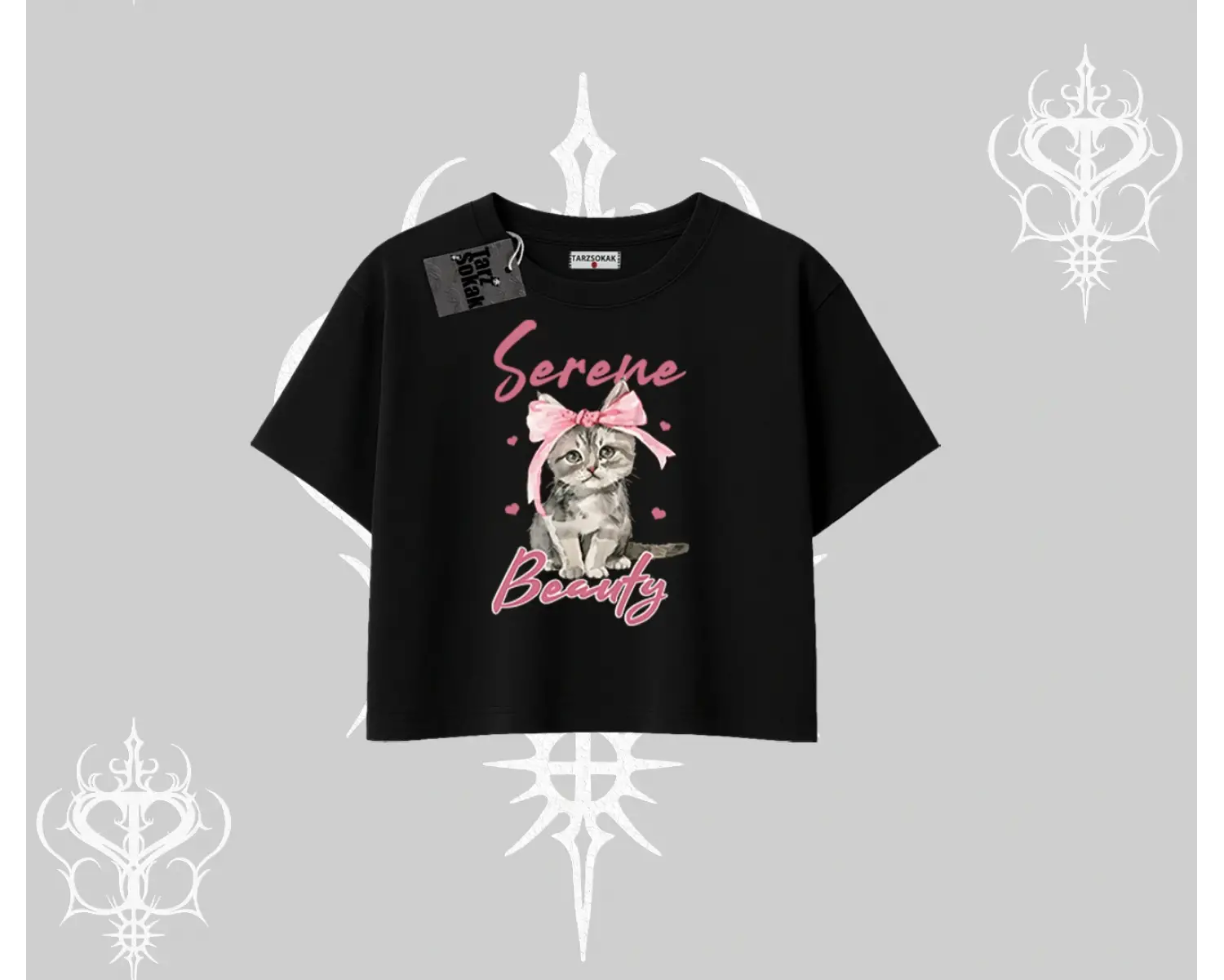 Serene Beauty Kedi Baskılı  Oversize Crop Tshirt