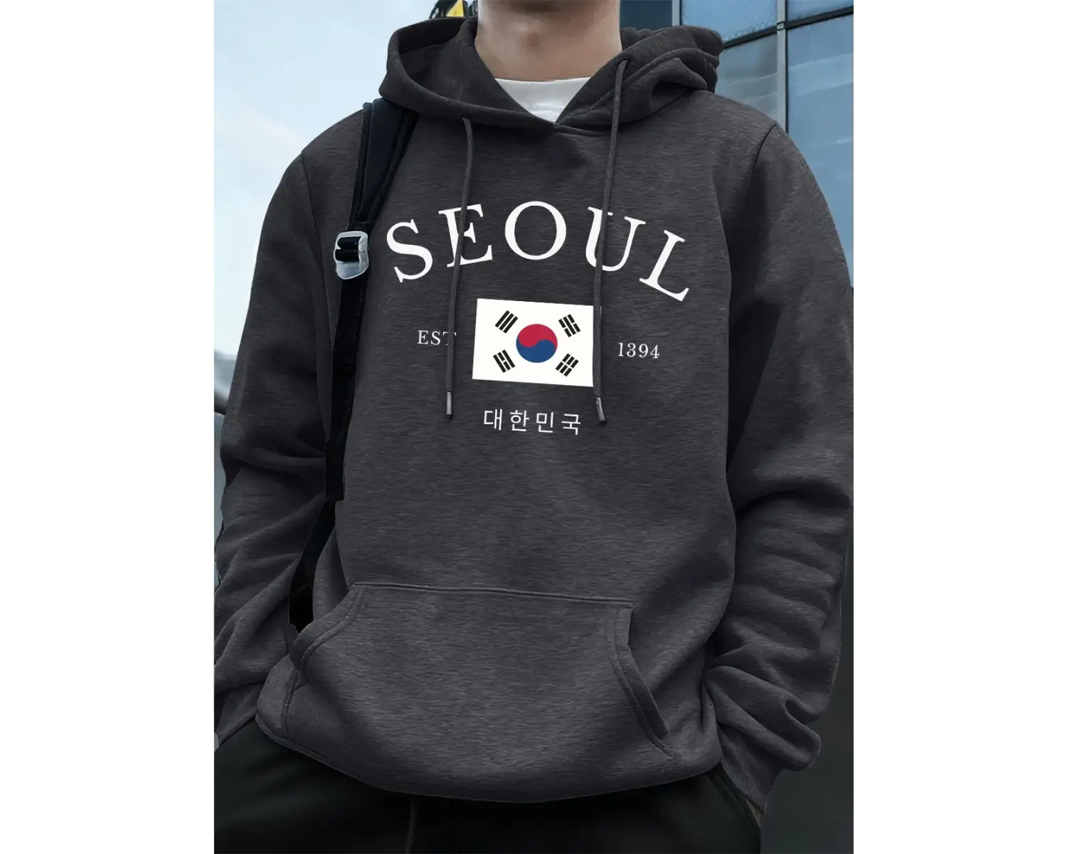 Seul Est 1394 Bayrak Harfli Baskılı Kapüşonlu Erkek Eşofman Cepli Kazak Sportif Bol Sweatshir