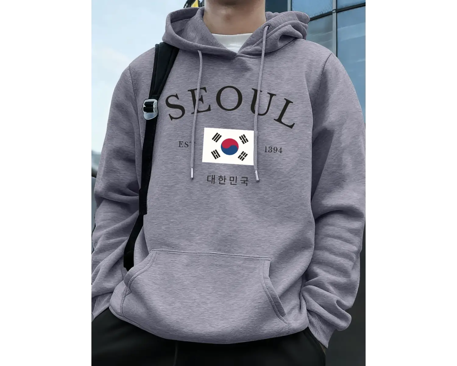 Seul Est 1394 Bayrak Harfli Baskılı Kapüşonlu Erkek Eşofman Cepli Kazak Sportif Bol Sweatshir