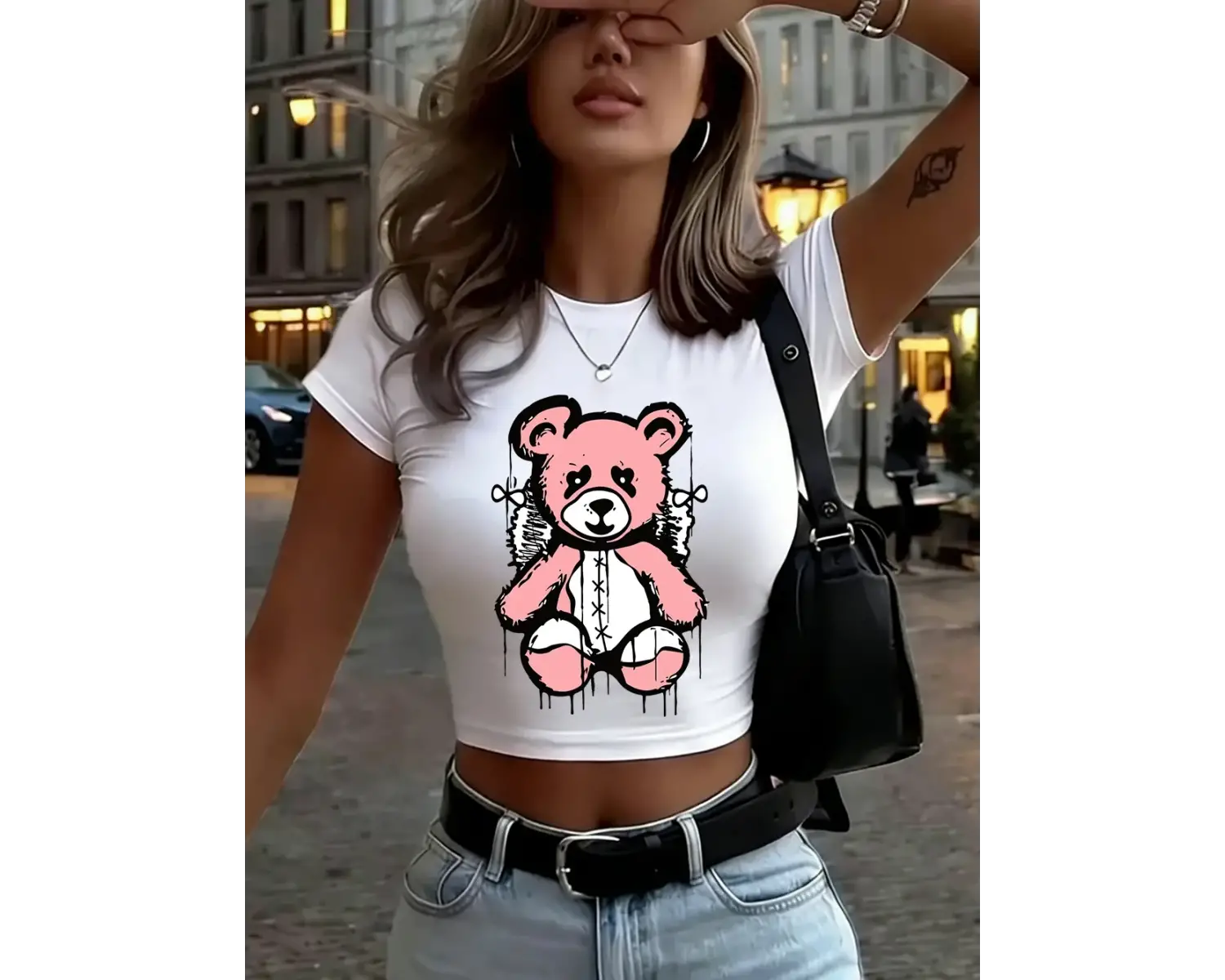 Sevimli Ayı Dinlenmeye Hazır Baskılar Kadın Kırpma Tişörtleri Yaz İnce O-Yaka Üstler Yumuşak