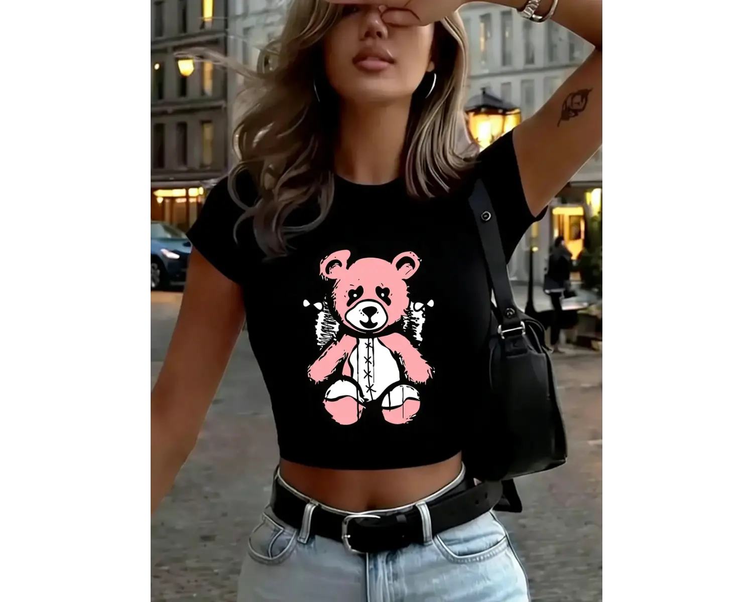 Sevimli Ayı Dinlenmeye Hazır Baskılar Kadın Kırpma Tişörtleri Yaz İnce O-Yaka Üstler Yumuşak