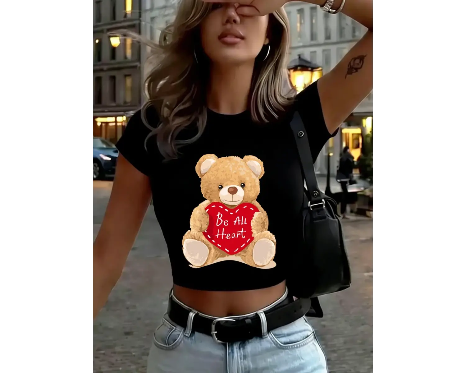 Sevimli Ayı Sana Kalbini Veriyor Baskılı Kadın Babby Teeları Yazlık Dar Kesim Yuvarlak Yaka Ti