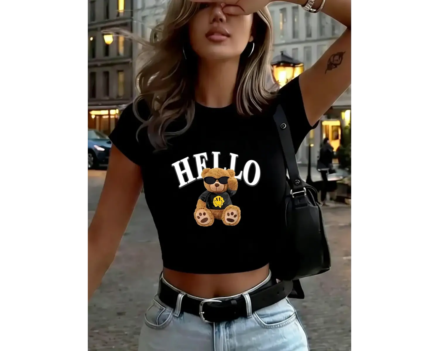 Sevimli Ayı Seni Merhaba Dedi Baskılı Kadın Babby TeeTişörtleri Yazlık İnce O-Yaka Üstler Yumuşak