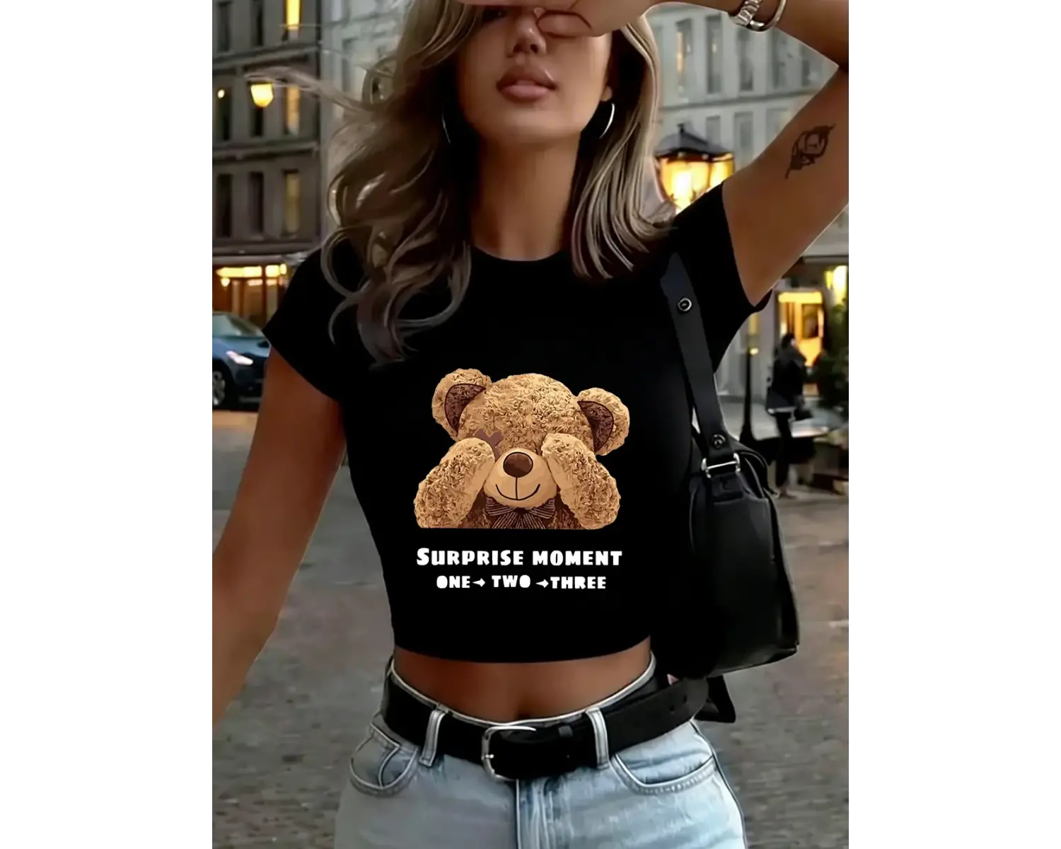 Sevimli Ayı Sürpriz Anı Baskılar Kadın Kırpma T-Shirt Yaz Yüksek Elastik Yumuşak Üstler İnce