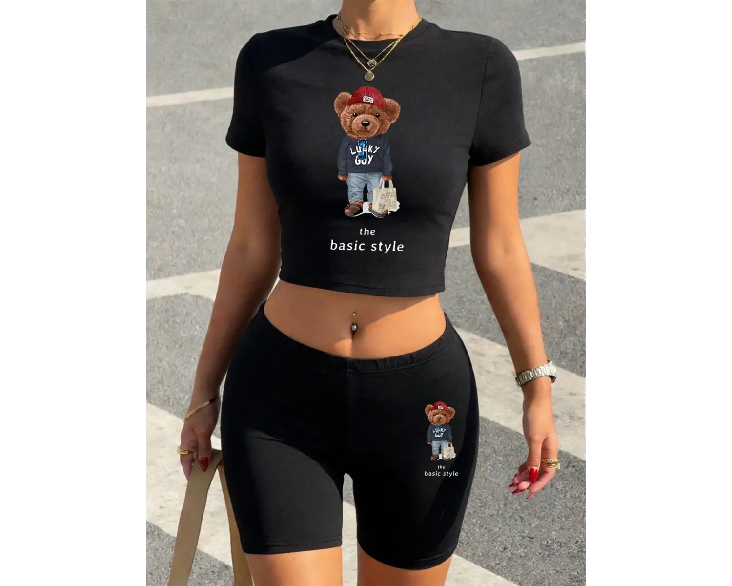 Sevimli Ayılar Baskılı Yaz Kıyafetleri Kırpılmış Tişörtler Şortlar Kadın İki Parçalı Set Üstl