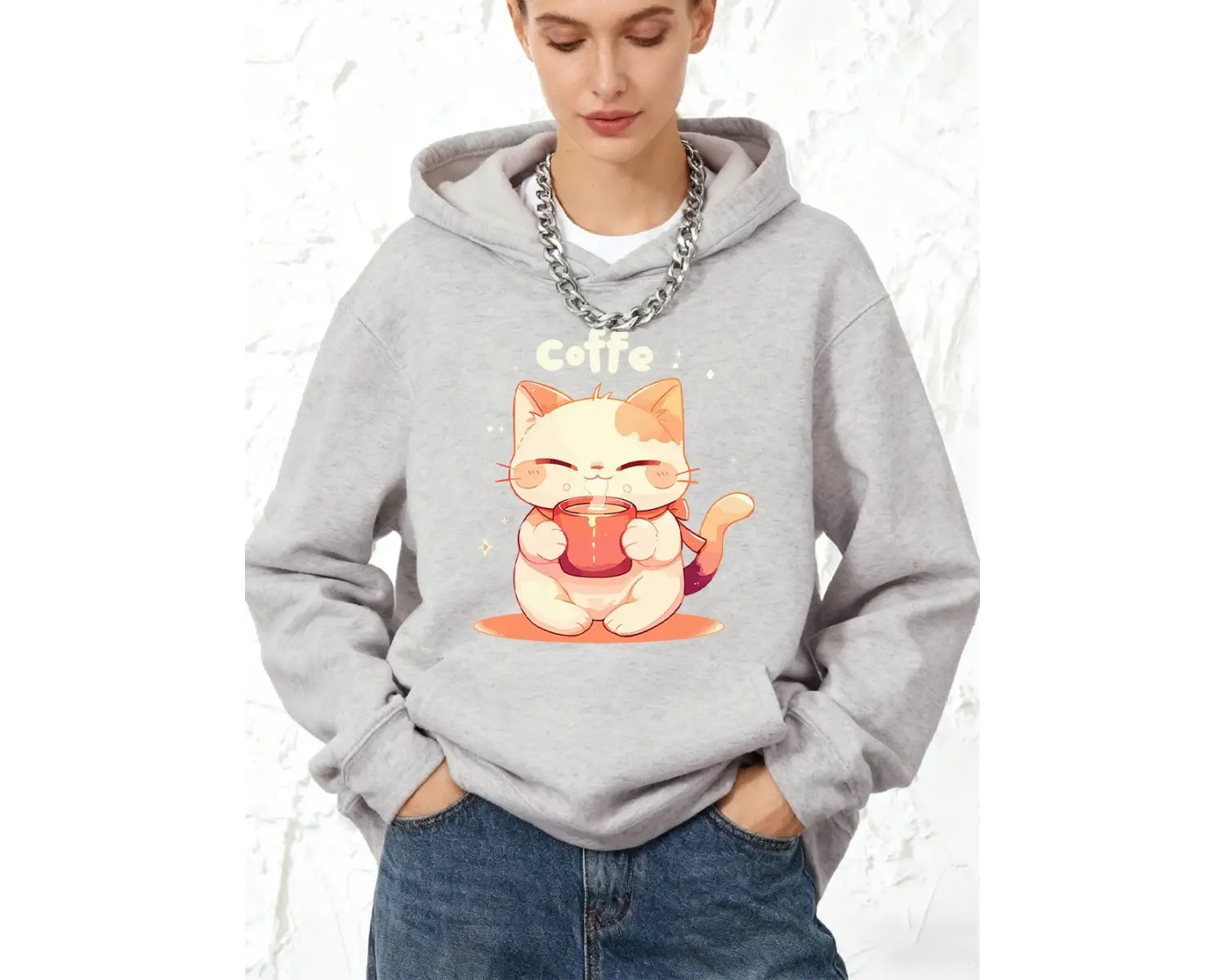 Sevimli Bir Kedi Kahve İçiyor Baskılar Kapüşonlular Pamuk Kadın Koşu Cep Üstleri Sportif Gevş