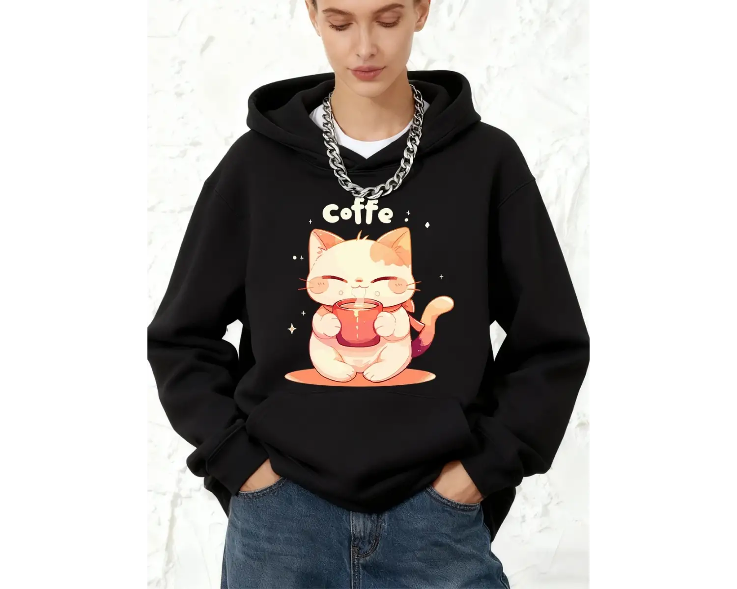 Sevimli Bir Kedi Kahve İçiyor Baskılar Kapüşonlular Pamuk Kadın Koşu Cep Üstleri Sportif Gevş