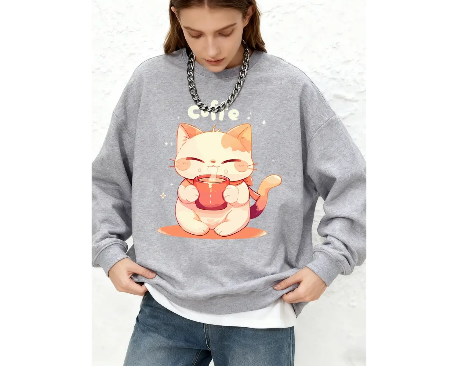 Sevimli Bir Kedi Kahve İçiyor Baskılar Tişörtü Bayan Sonbahar Jogger Sıcak Kapüşonlular O-Boy