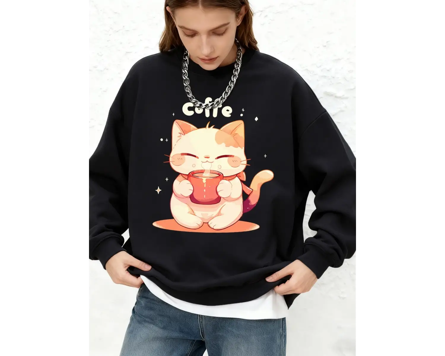 Sevimli Bir Kedi Kahve İçiyor Baskılar Tişörtü Bayan Sonbahar Jogger Sıcak Kapüşonlular O-Boy