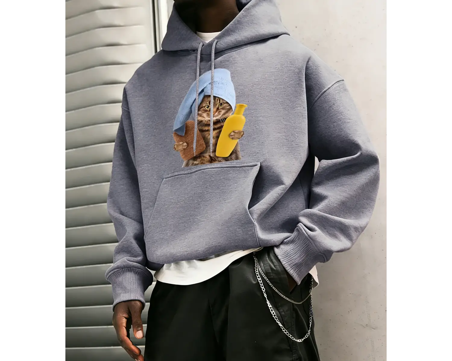 Sevimli Duş Başlığı Kedi Baskılı Erkekler Kapüşonlular Tüm Maç Gevşek Kazak Polar Günlük Spor