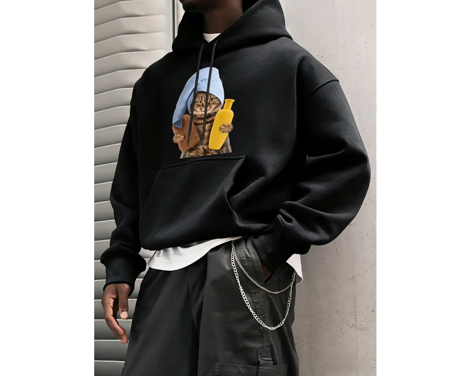 Sevimli Duş Başlığı Kedi Baskılı Erkekler Kapüşonlular Tüm Maç Gevşek Kazak Polar Günlük Spor