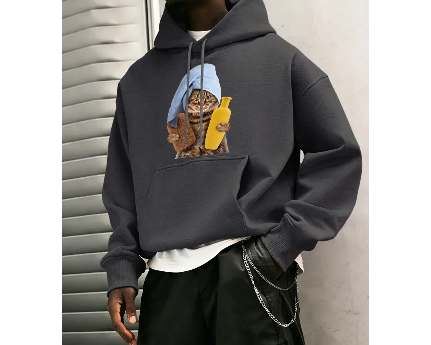 Sevimli Duş Başlığı Kedi Baskılı Erkekler Kapüşonlular Tüm Maç Gevşek Kazak Polar Günlük Spor