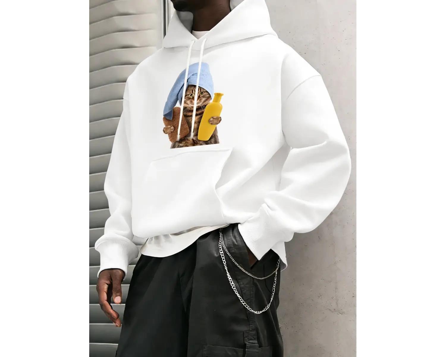 Sevimli Duş Başlığı Kedi Baskılı Erkekler Kapüşonlular Tüm Maç Gevşek Kazak Polar Günlük Spor