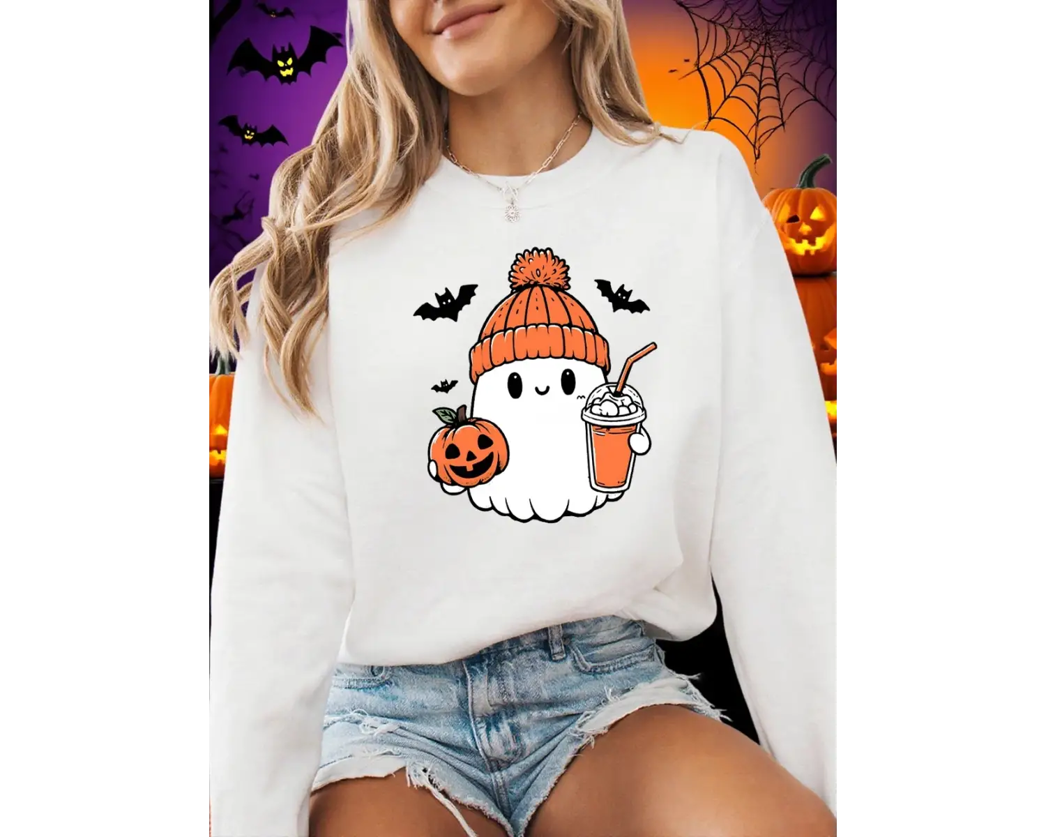 Sevimli Hayalet Yarasa Kabak Baskılar Cadılar Bayramı Kazak Kadın Kış Polar Sıcak Hoodie Crew