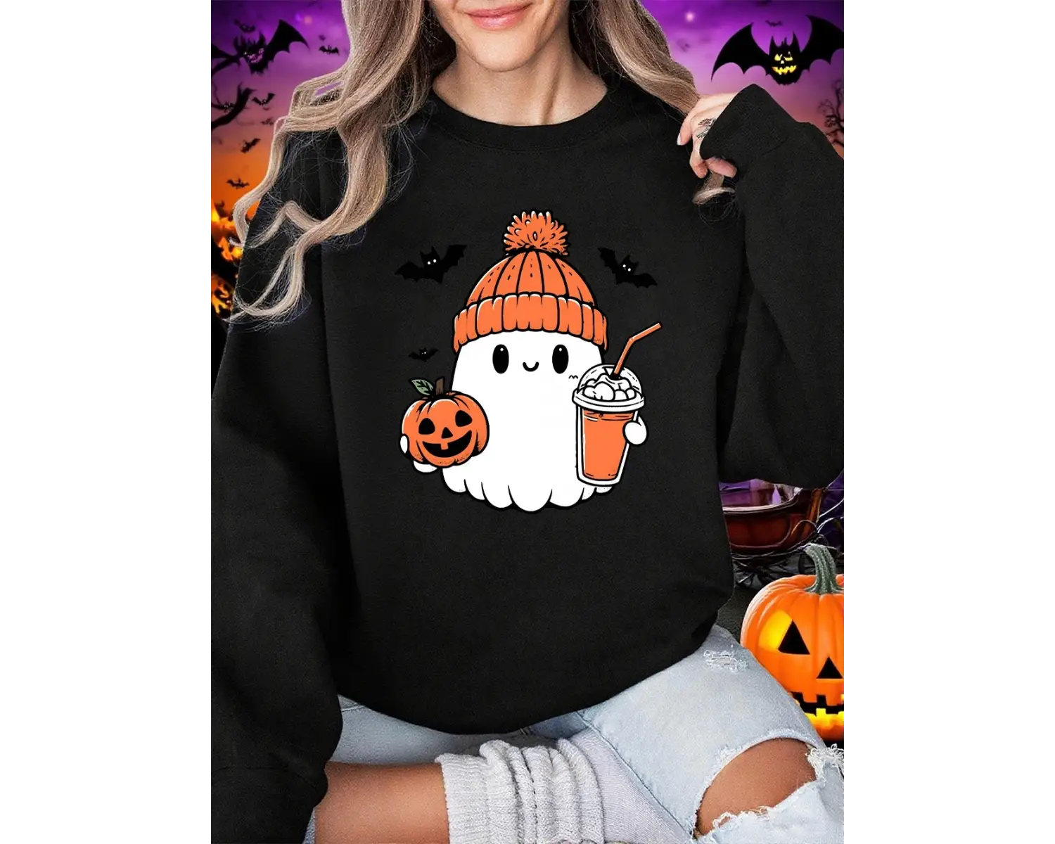 Sevimli Hayalet Yarasa Kabak Baskılar Cadılar Bayramı Kazak Kadın Kış Polar Sıcak Hoodie Crew