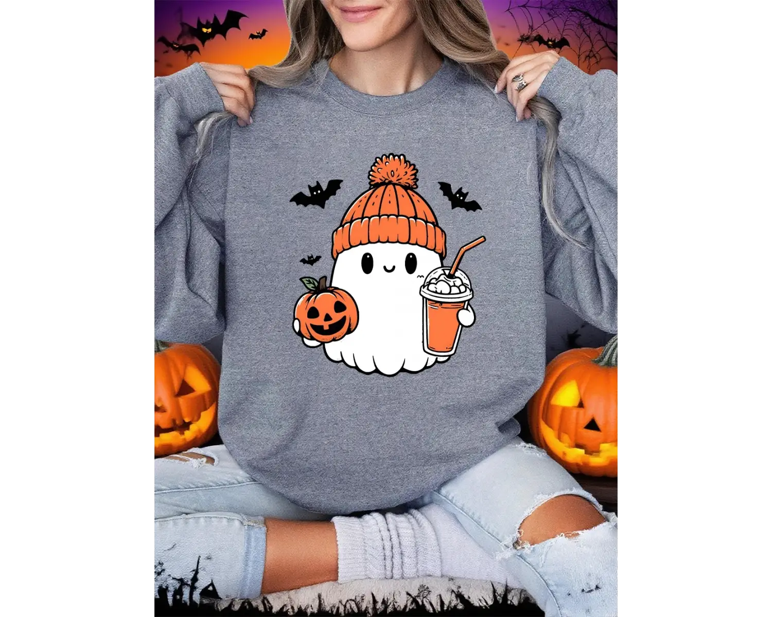 Sevimli Hayalet Yarasa Kabak Baskılar Cadılar Bayramı Kazak Kadın Kış Polar Sıcak Hoodie Crew