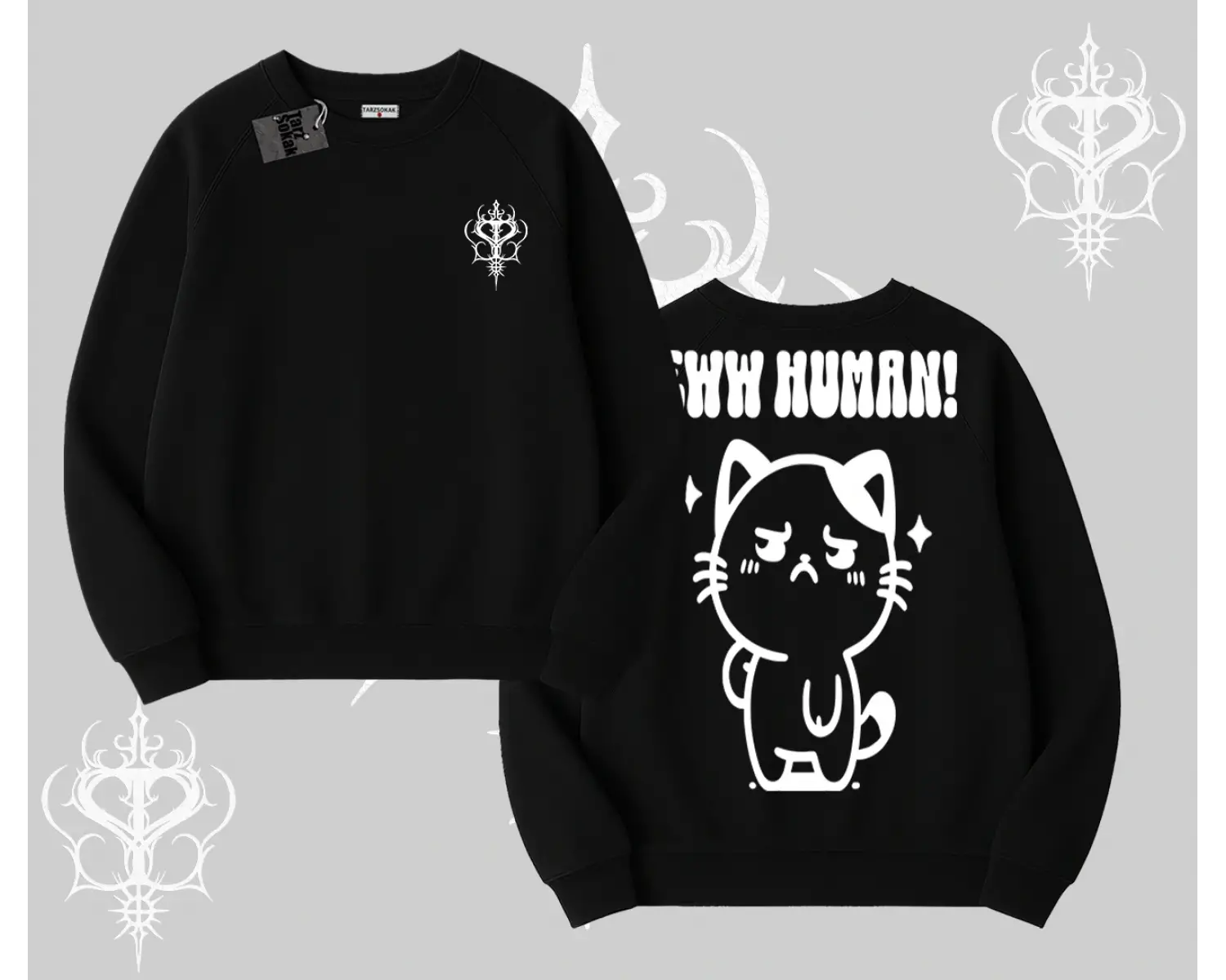 Sevimli Kedi Çizimli Arka Baskılı Biskilet Sweatshirt