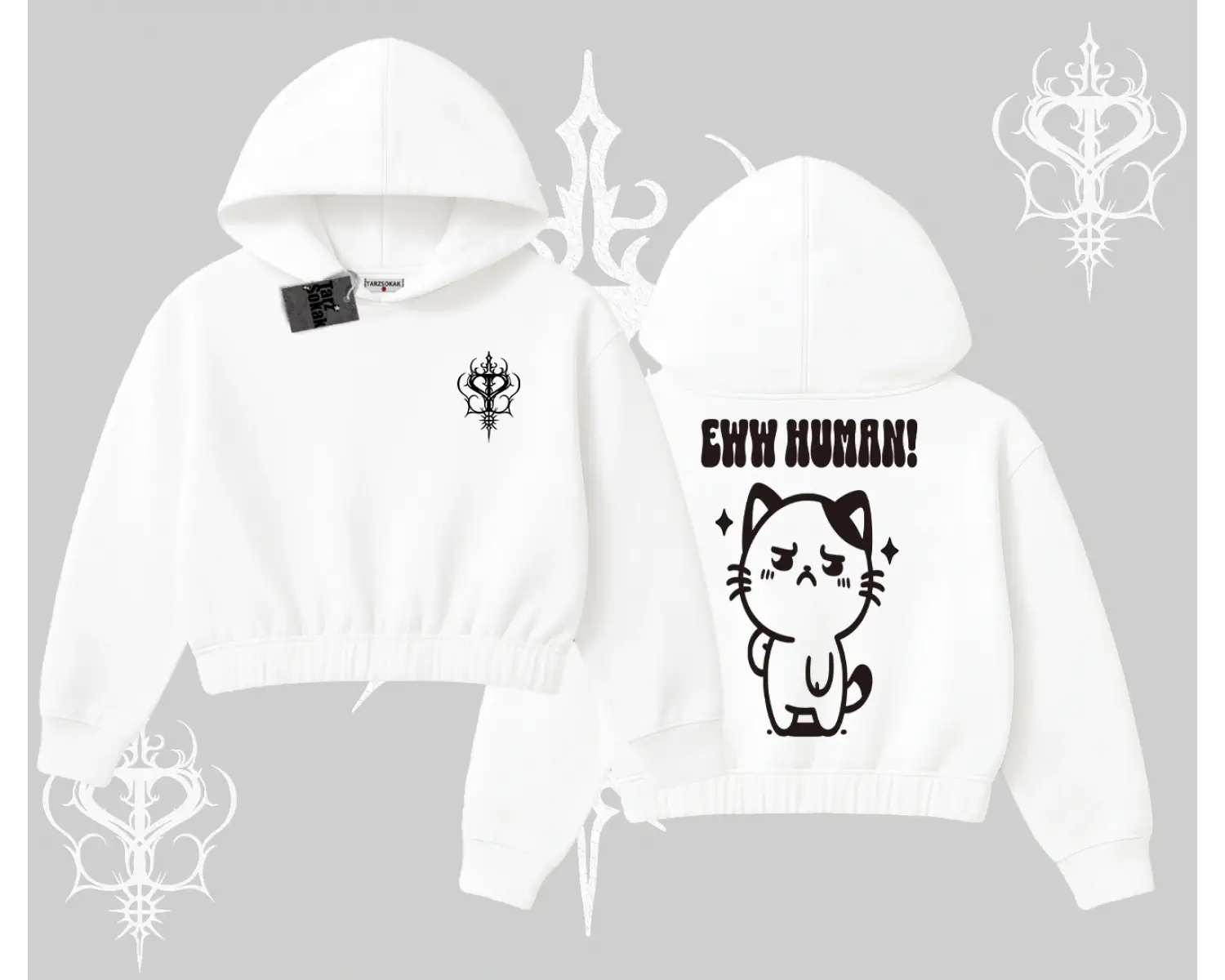 Sevimli Kedi Çizimli Arka Baskılı Kapşonlu Crop Sweatshirt