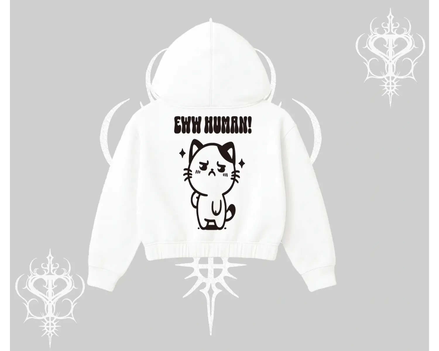 Sevimli Kedi Çizimli Arka Baskılı Kapşonlu Crop Sweatshirt