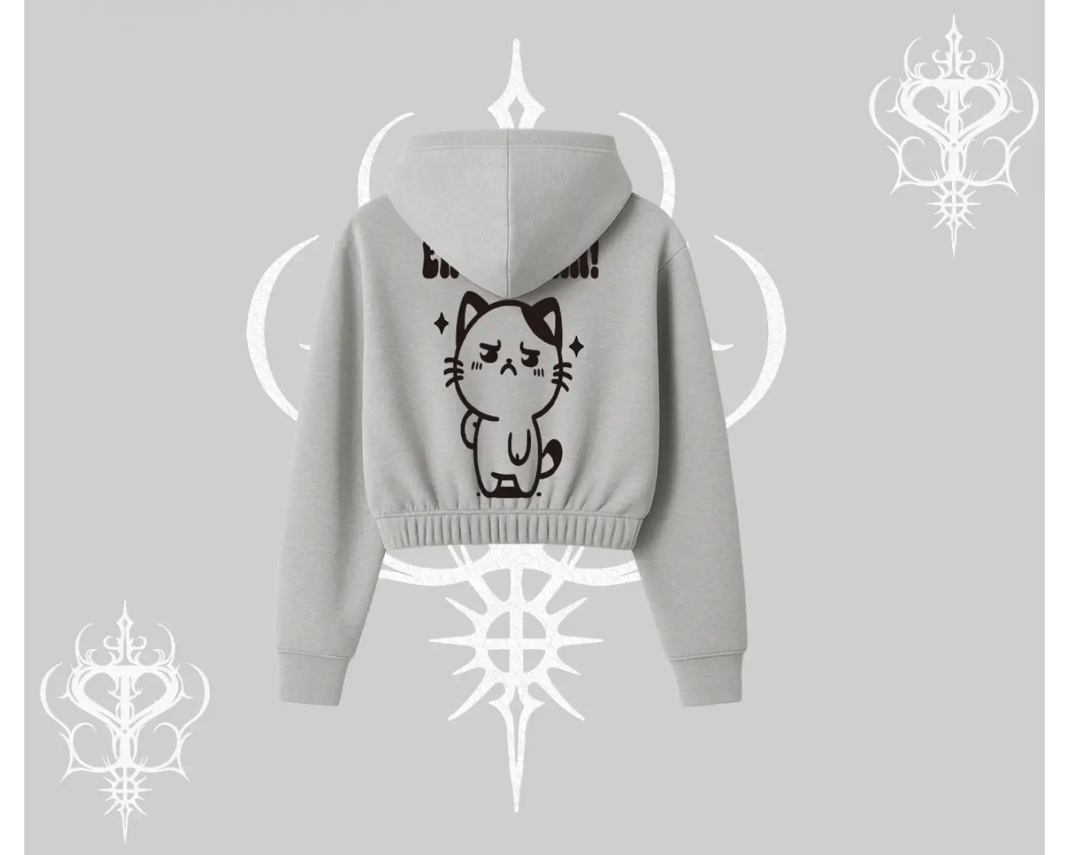 Sevimli Kedi Çizimli Arka Baskılı Kapşonlu Crop Sweatshirt