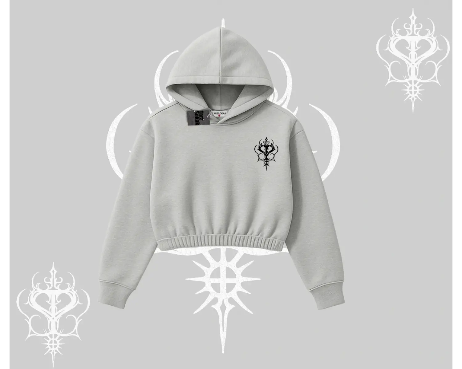 Sevimli Kedi Çizimli Arka Baskılı Kapşonlu Crop Sweatshirt