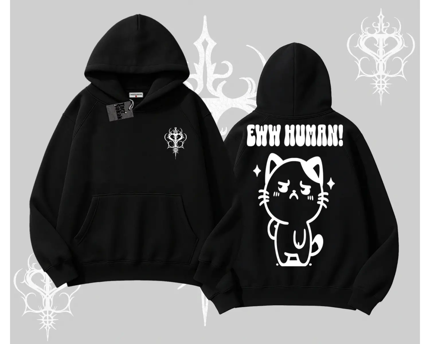 Sevimli Kedi Çizimli Arka Baskılı Kapşonlu Sweatshirt