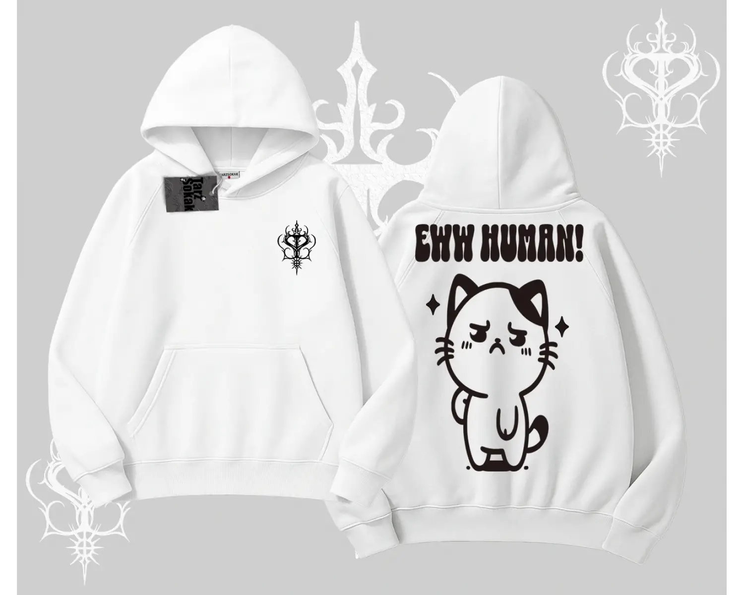 Sevimli Kedi Çizimli Arka Baskılı Kapşonlu Sweatshirt