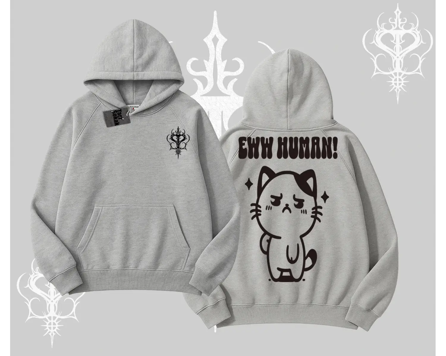 Sevimli Kedi Çizimli Arka Baskılı Kapşonlu Sweatshirt