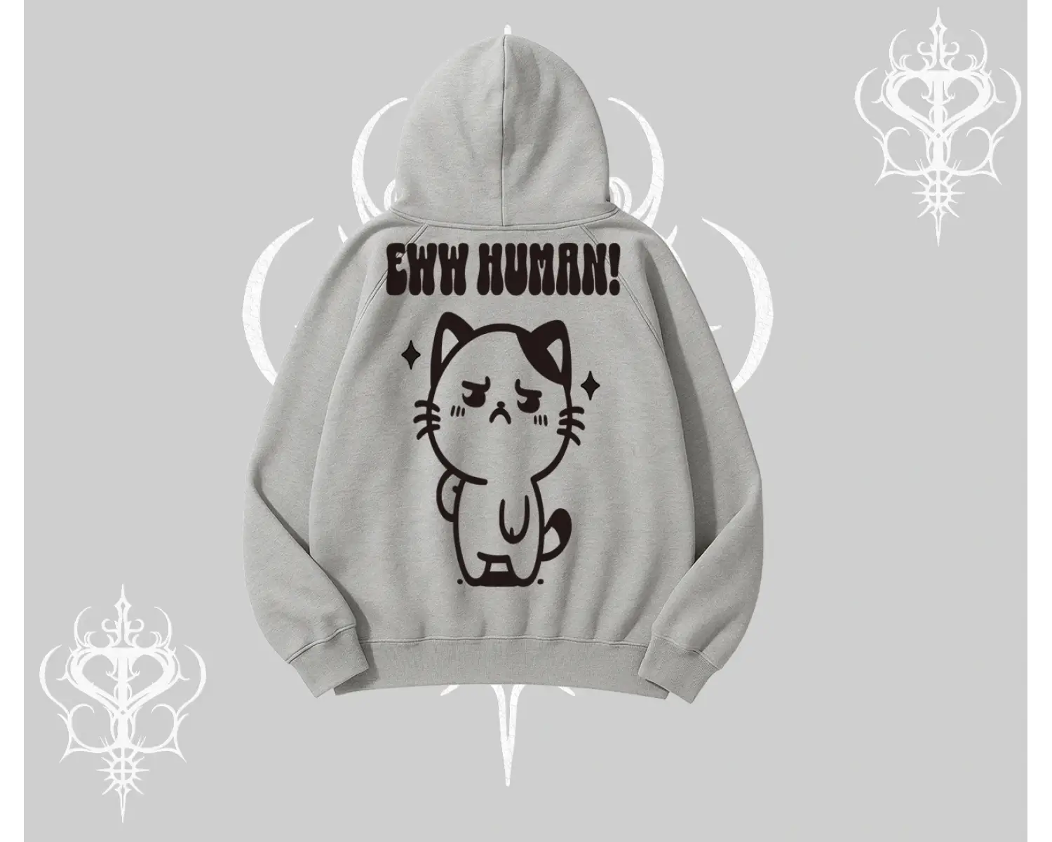 Sevimli Kedi Çizimli Arka Baskılı Kapşonlu Sweatshirt