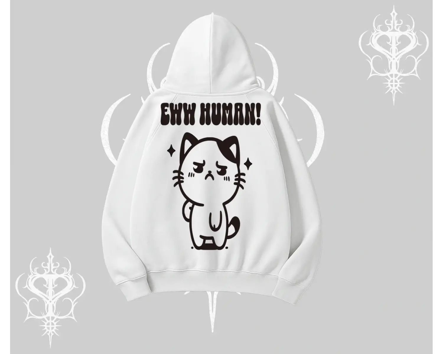 Sevimli Kedi Çizimli Arka Baskılı Kapşonlu Sweatshirt