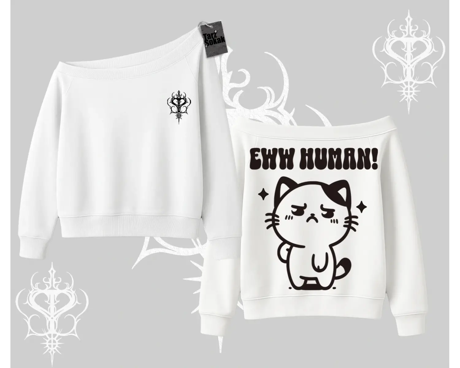 Sevimli Kedi Çizimli Arka Baskılı Kayık Yaka Sweatshirt