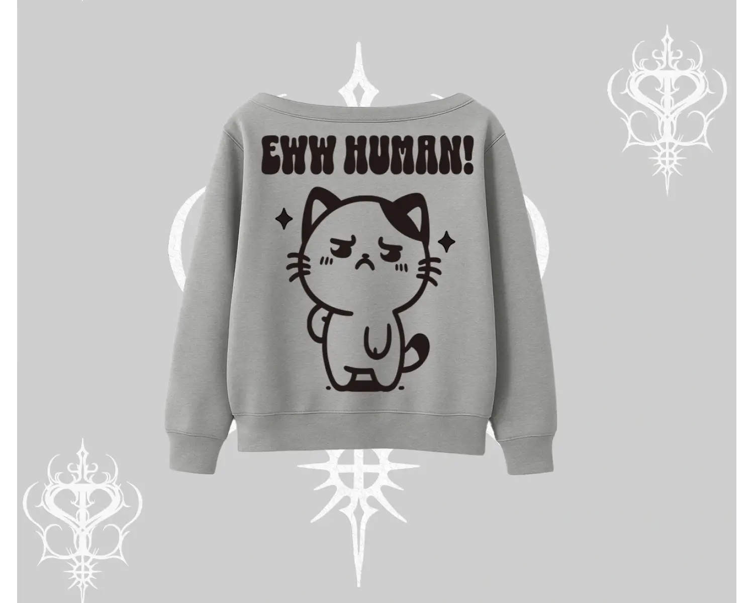 Sevimli Kedi Çizimli Arka Baskılı Kayık Yaka Sweatshirt