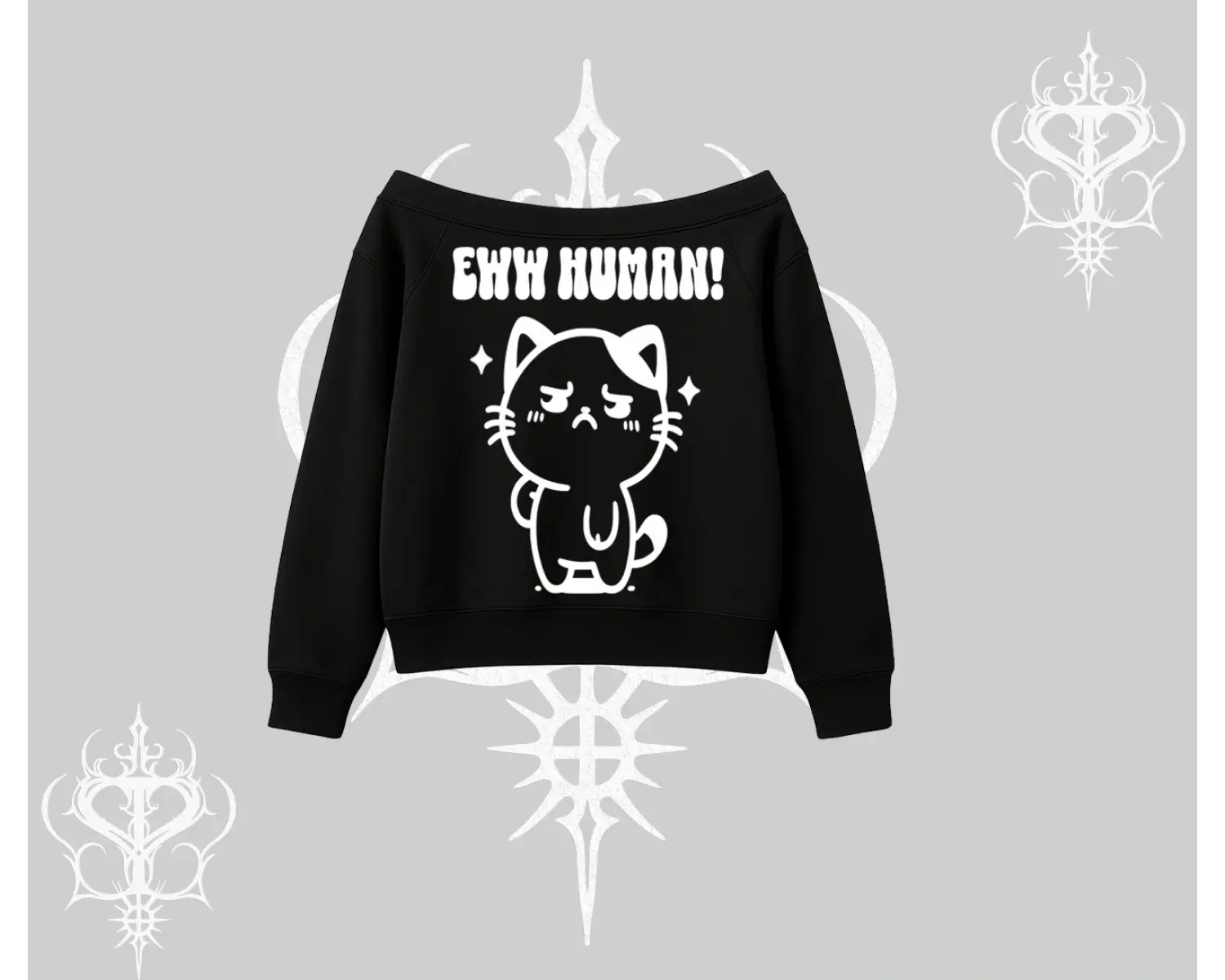 Sevimli Kedi Çizimli Arka Baskılı Kayık Yaka Sweatshirt