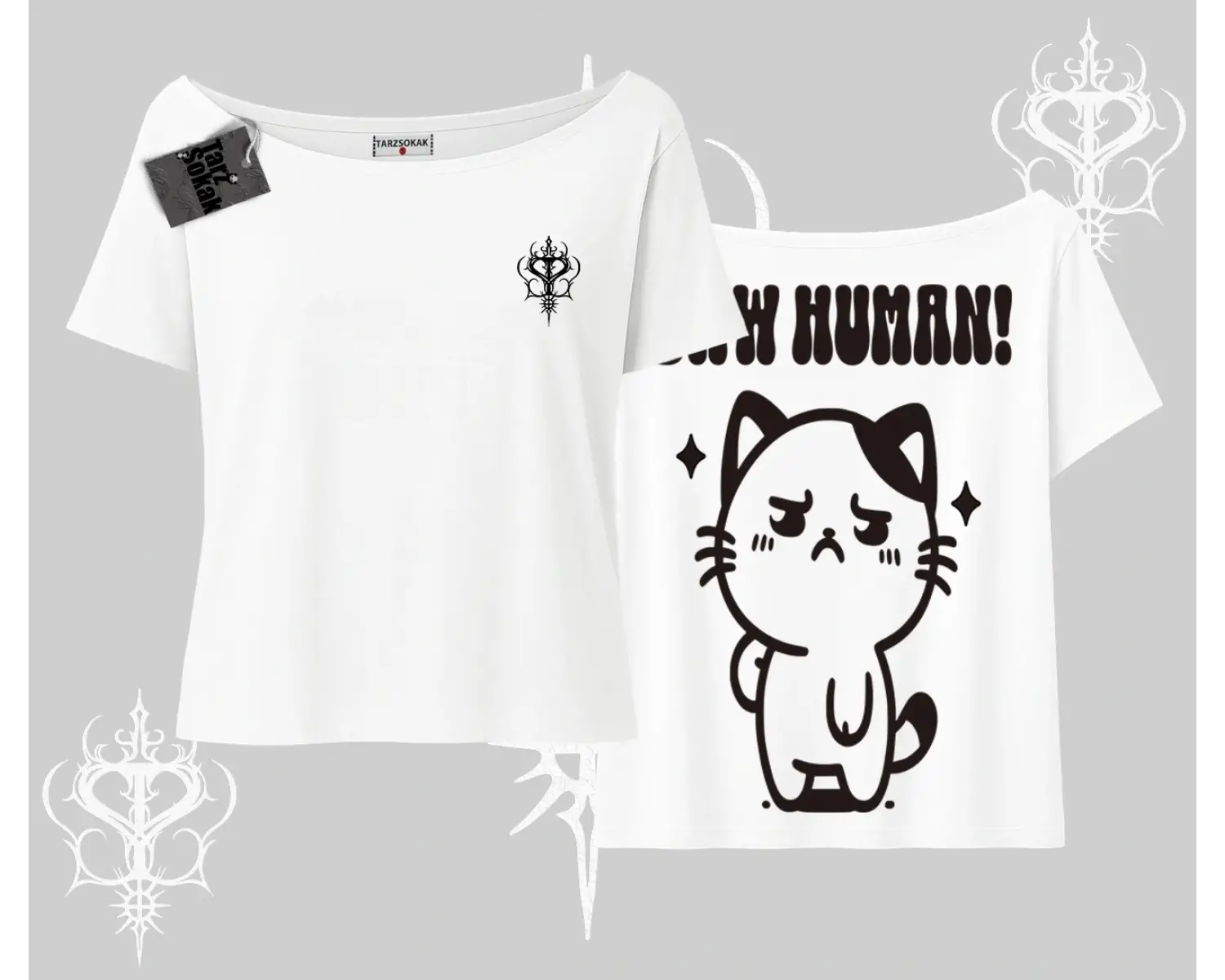 Sevimli Kedi Çizimli Arka Baskılı Kayık Yaka Tshirt