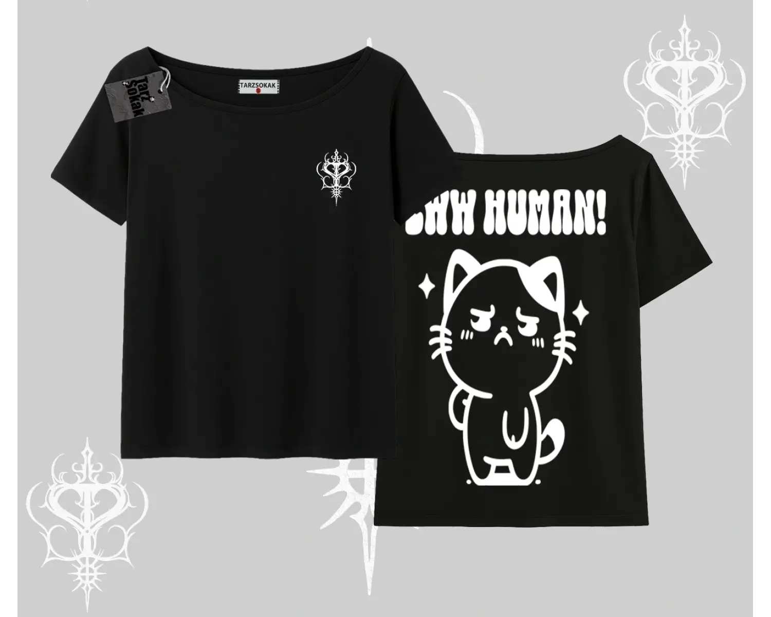 Sevimli Kedi Çizimli Arka Baskılı Kayık Yaka Tshirt