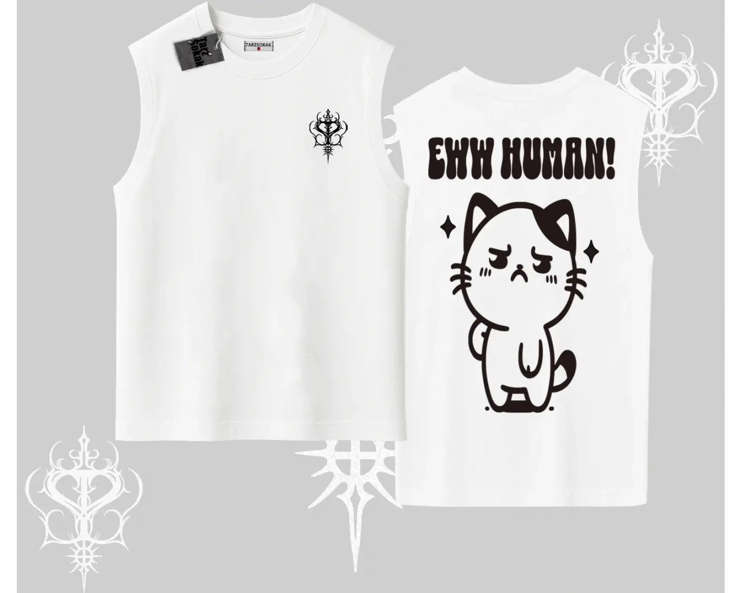 Sevimli Kedi Çizimli Arka Baskılı Kolsuz Tshirt