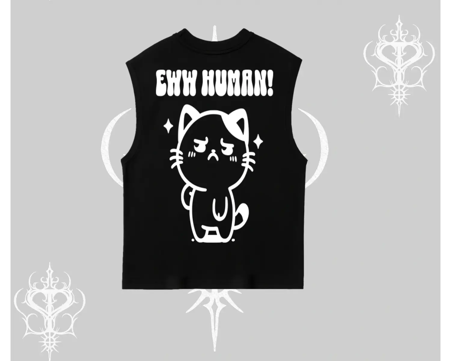 Sevimli Kedi Çizimli Arka Baskılı Kolsuz Tshirt