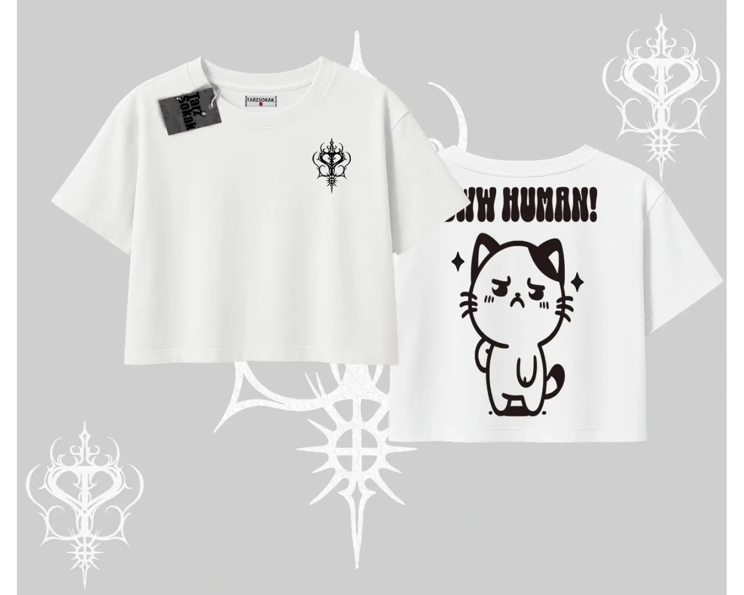 Sevimli Kedi Çizimli Arka Baskılı Oversize Crop Tshirt