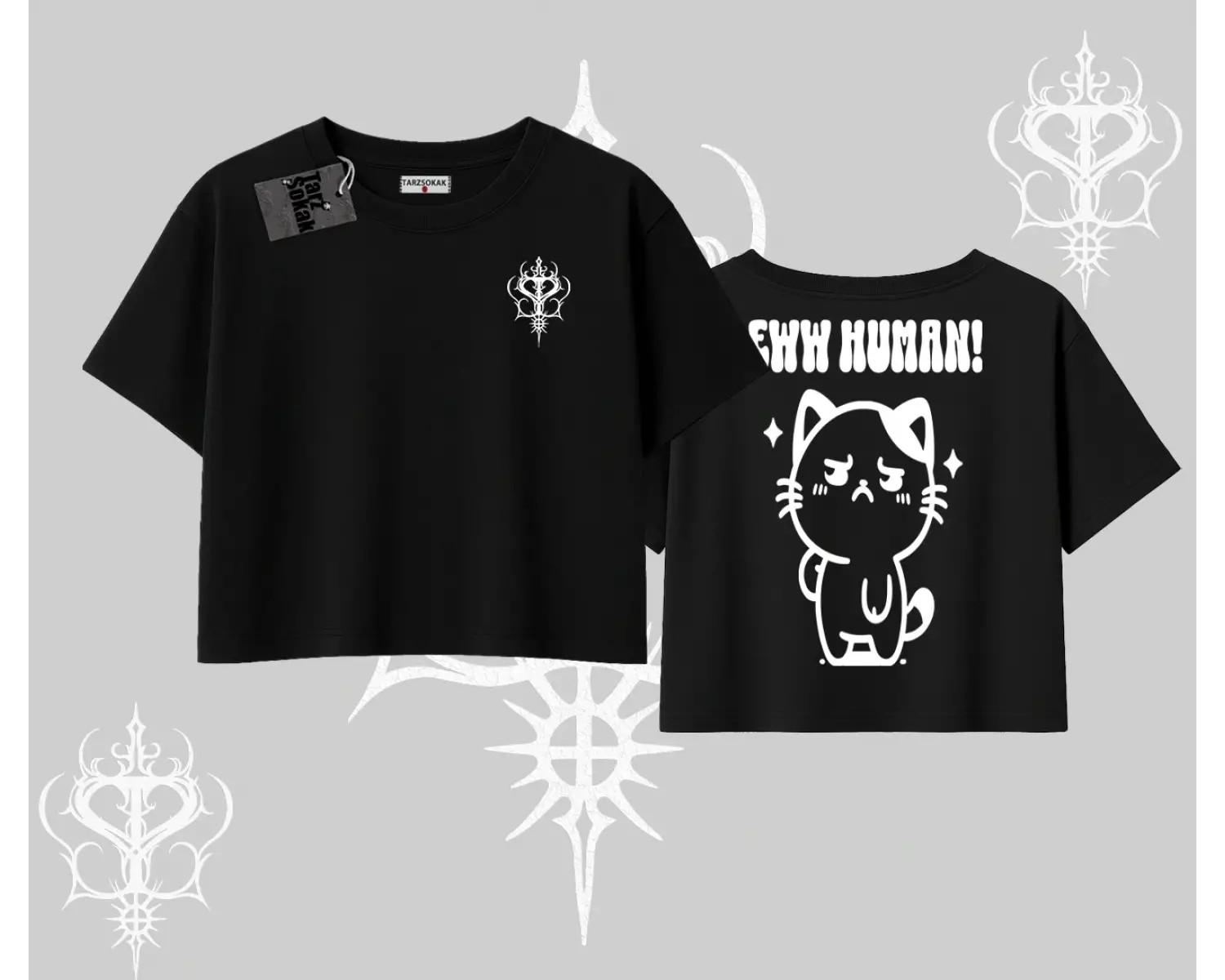 Sevimli Kedi Çizimli Arka Baskılı Oversize Crop Tshirt