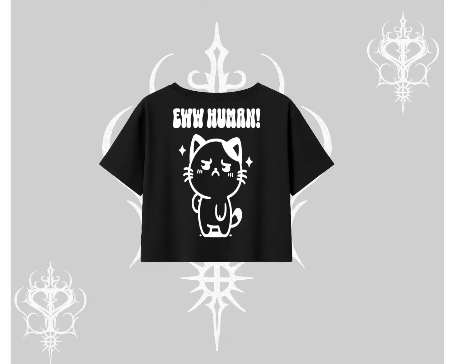 Sevimli Kedi Çizimli Arka Baskılı Oversize Crop Tshirt