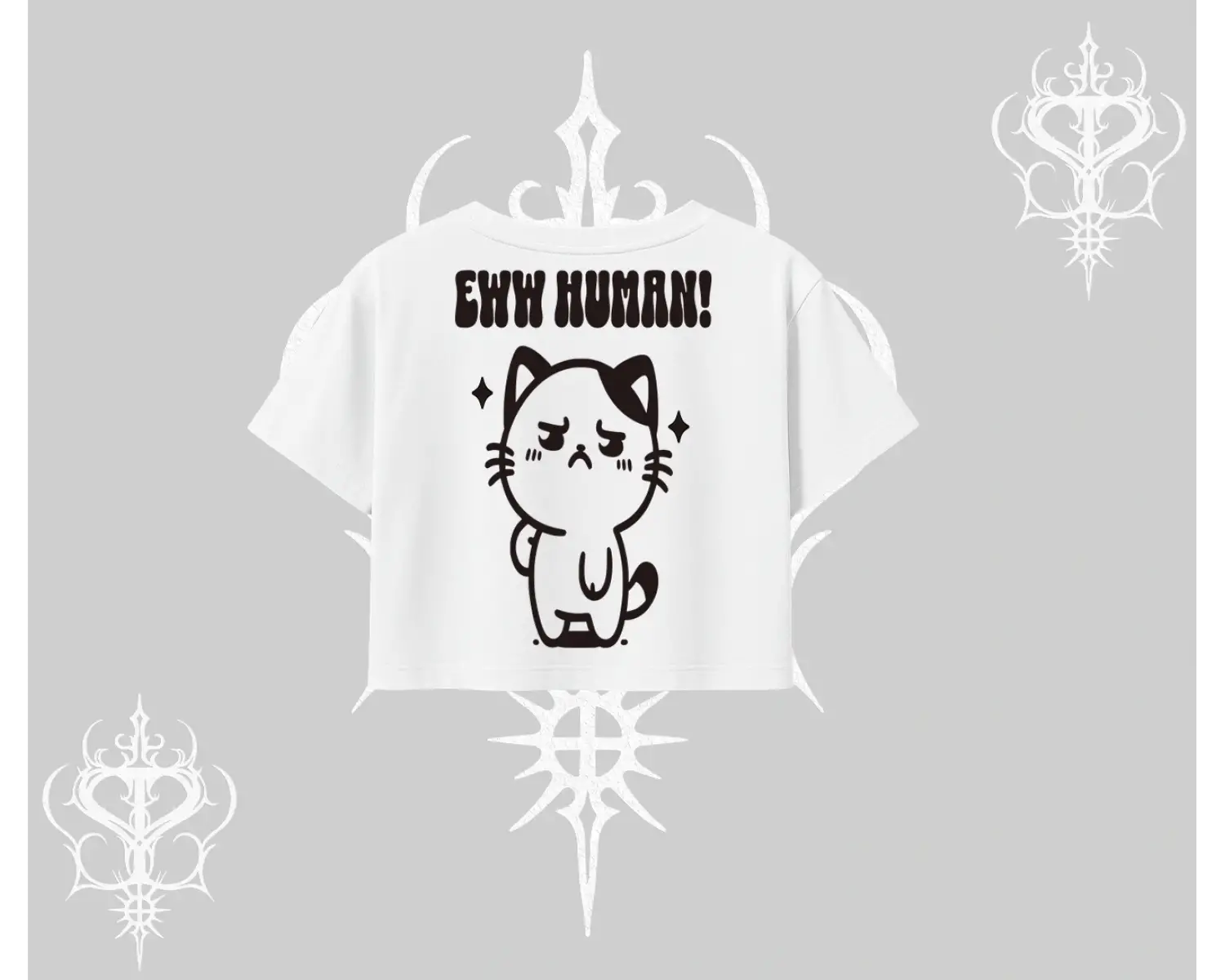 Sevimli Kedi Çizimli Arka Baskılı Oversize Crop Tshirt