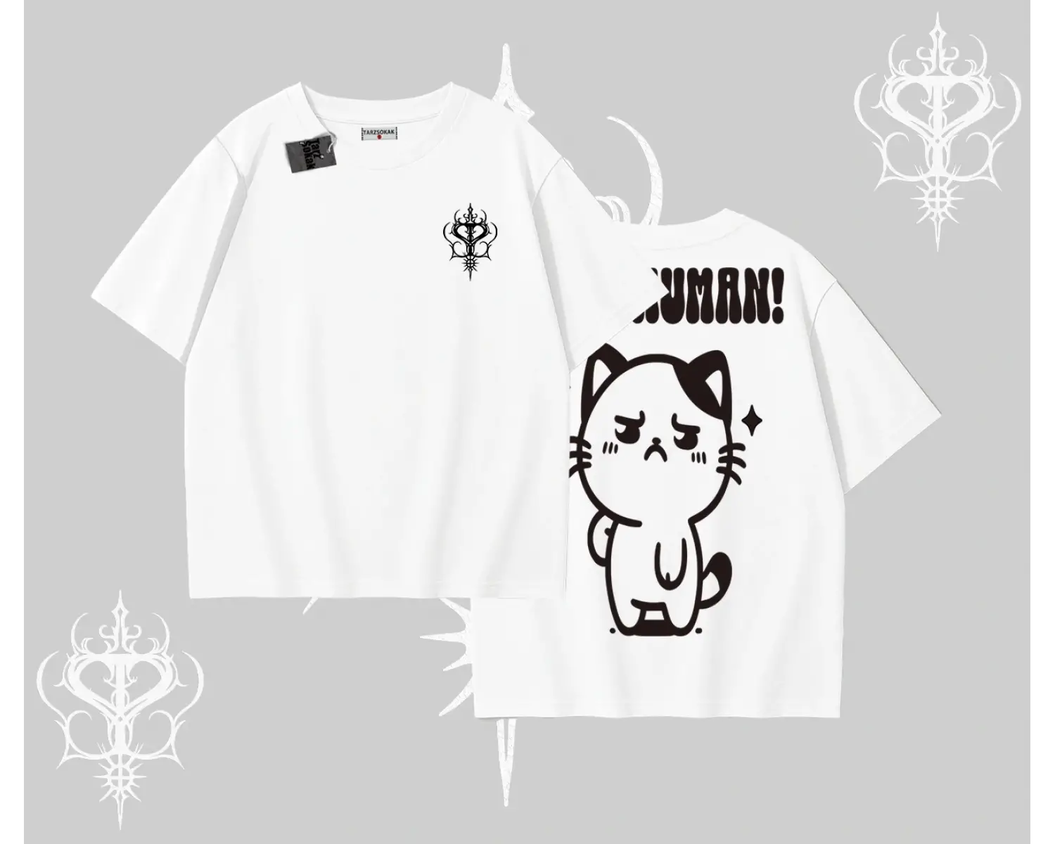 Sevimli Kedi Çizimli Arka Baskılı Oversize Tshirt