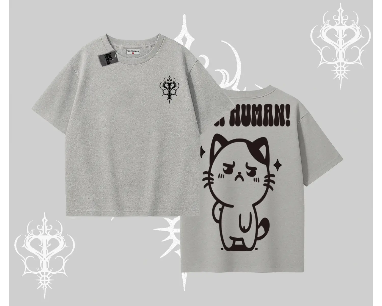 Sevimli Kedi Çizimli Arka Baskılı Oversize Tshirt