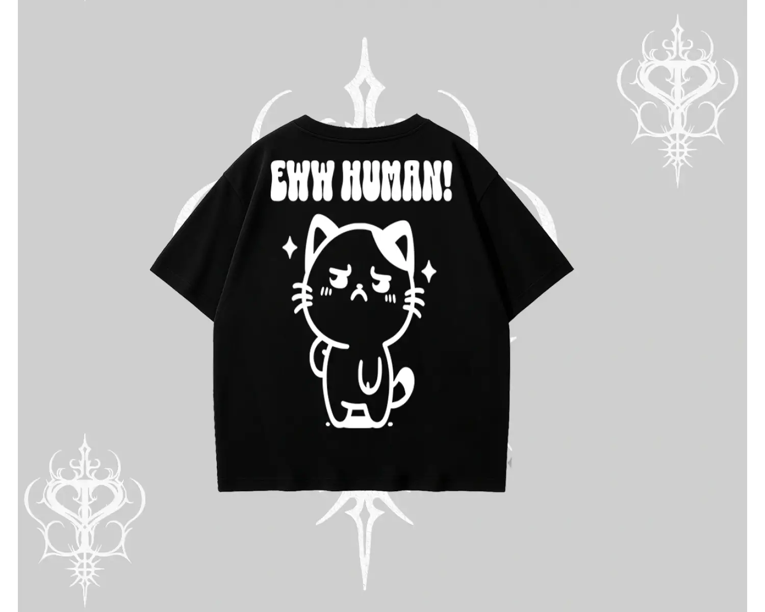 Sevimli Kedi Çizimli Arka Baskılı Oversize Tshirt