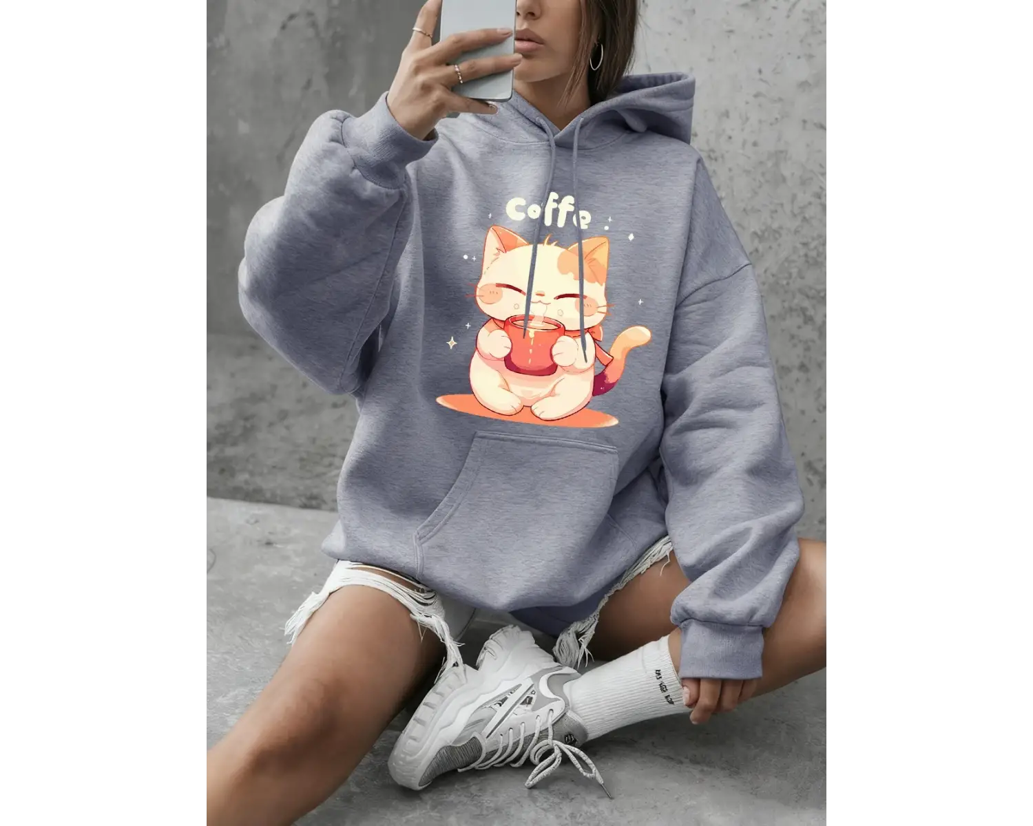 Sevimli Kedi Kahve İçiyor Baskı Kapüşonlular Bayanlar Günlük Gevşek Tişörtü Kış Polar Sıcak Ü