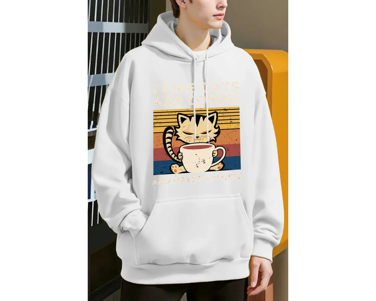 Sevimli Kedi Kahve İçiyor Desen Erkekler Y2K Hoody Hip Hop Polar Moda Hoodie Büyük Boy Sokak