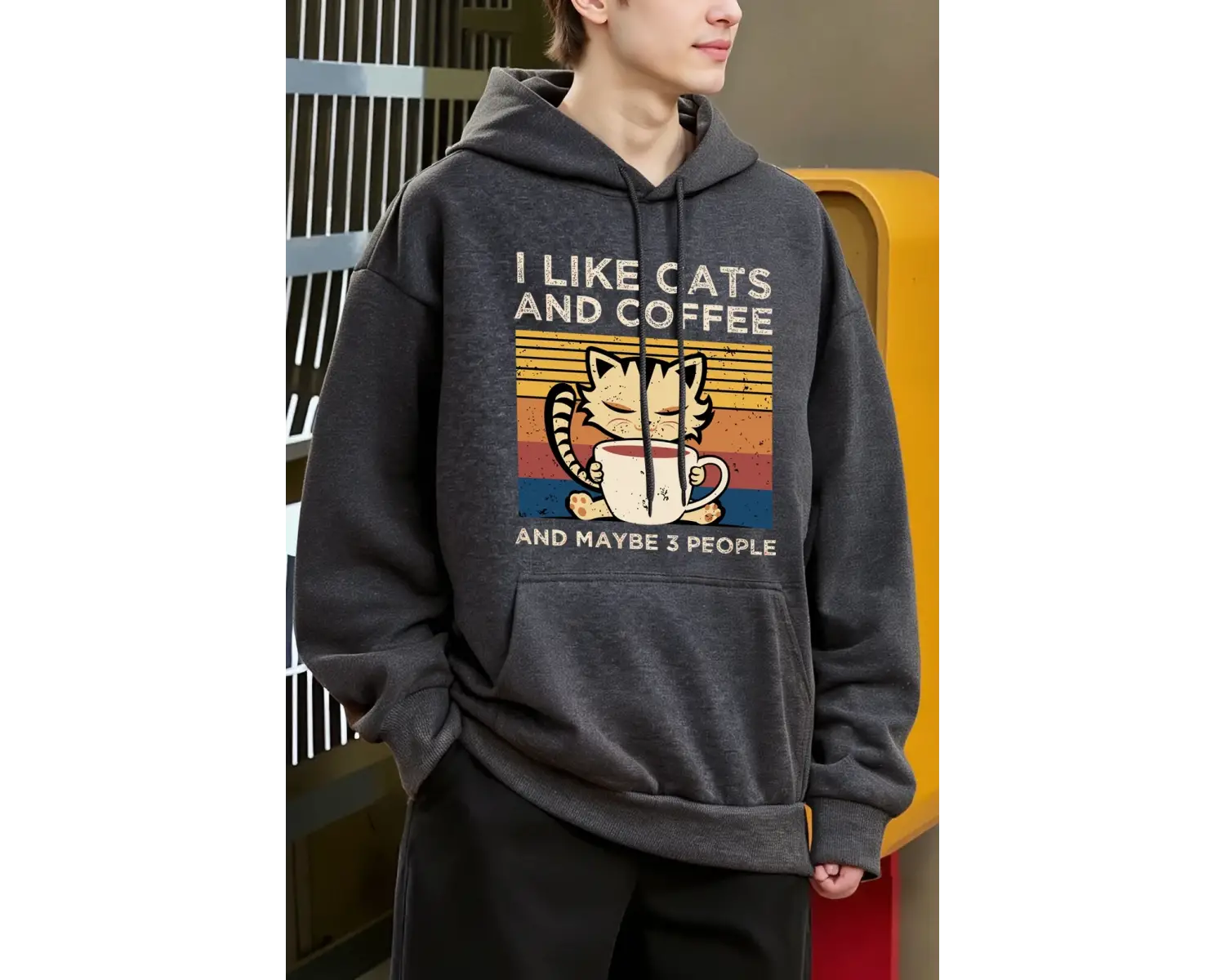 Sevimli Kedi Kahve İçiyor Desen Erkekler Y2K Hoody Hip Hop Polar Moda Hoodie Büyük Boy Sokak