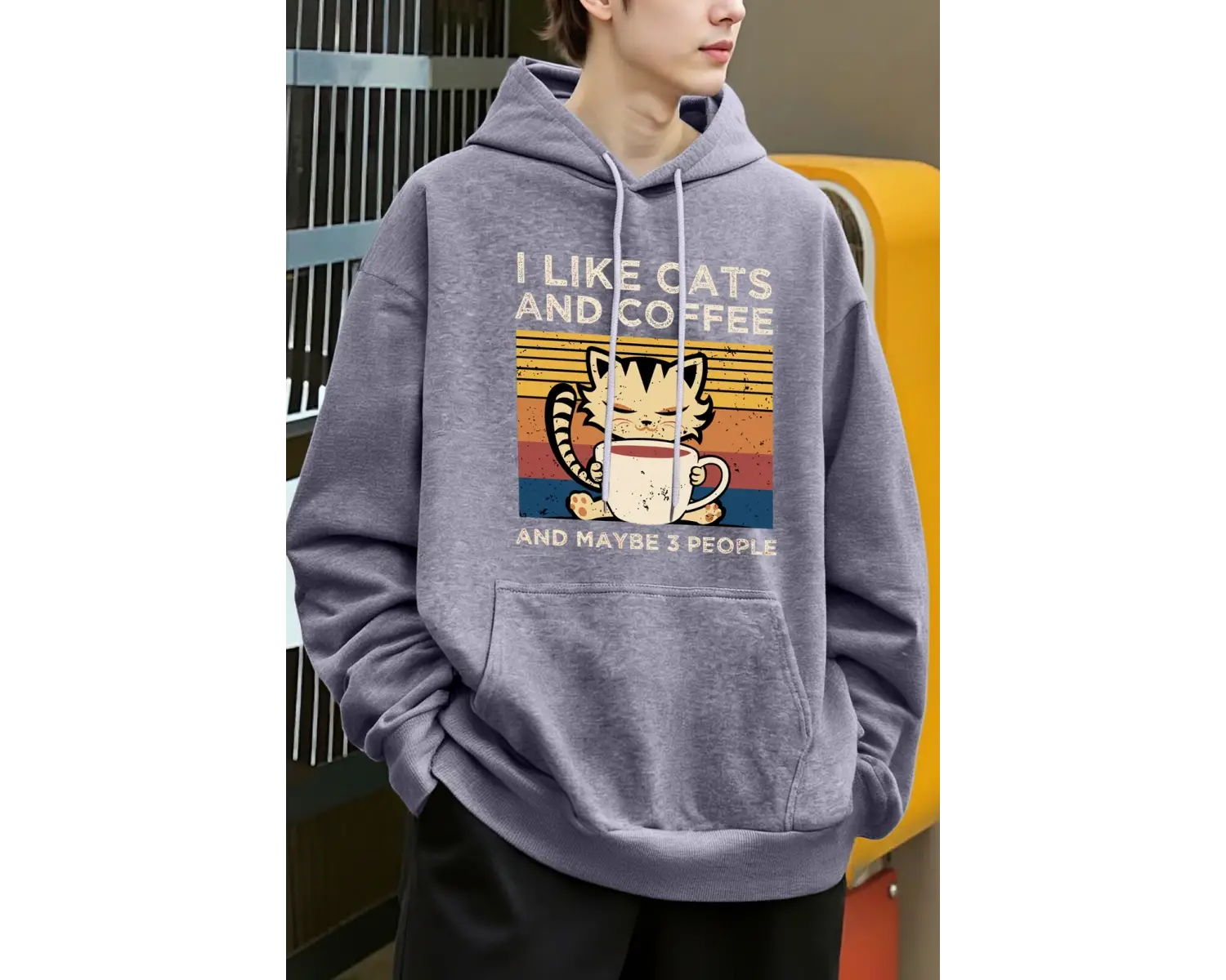 Sevimli Kedi Kahve İçiyor Desen Erkekler Y2K Hoody Hip Hop Polar Moda Hoodie Büyük Boy Sokak