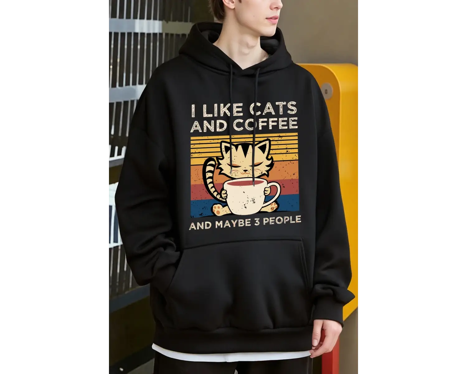 Sevimli Kedi Kahve İçiyor Desen Erkekler Y2K Hoody Hip Hop Polar Moda Hoodie Büyük Boy Sokak